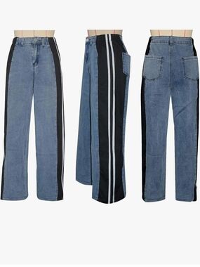 Women’s Two-Tone Blue Denim Wide-Leg Jeans with Black Side Panels